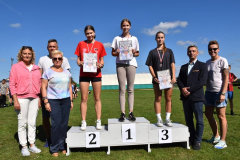 Nauczyciele oraz uczennice z dyplomami w ręku i medalami na szyi pozują do zdjęcia