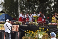 Zdjęcie przedstawia dzieci w strojach ludowych tańczące na scenie