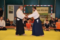Dwóch instruktorów aikido walczy, w tle siedzą uczniowie
