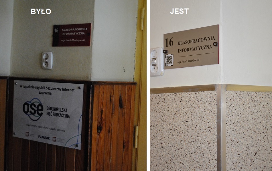 Na ścianie wiszą tabliczki nad nimi napis: było, jest